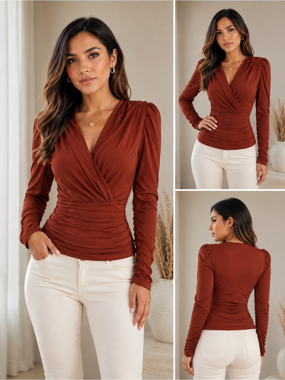INC International Concepts Rust Wrap-Front Long Sleeve Top